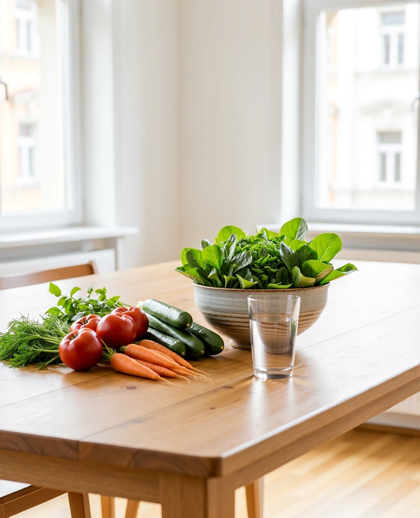 Frische gesunde Zutaten auf einem Wiener Esstisch